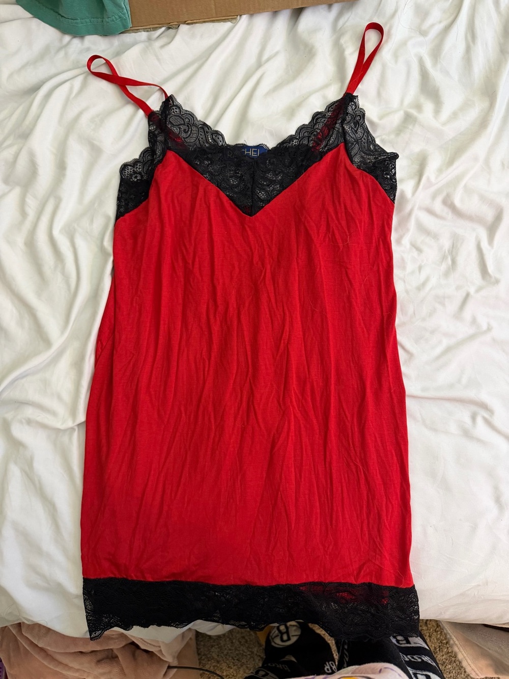 RACHEL Rachel Roy Red Slip Dress with Black Lace Trim